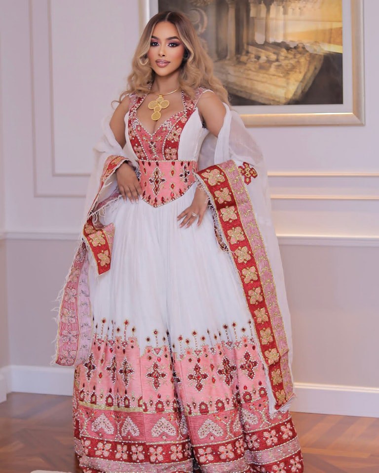Breathtaking Red Strapless Ethiopian Traditional Dress