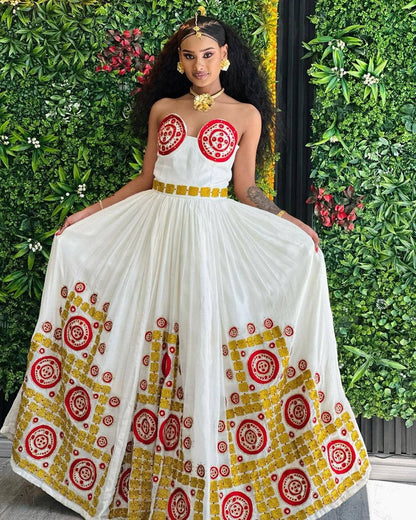 Breathtaking Red Strapless Ethiopian Traditional Dress