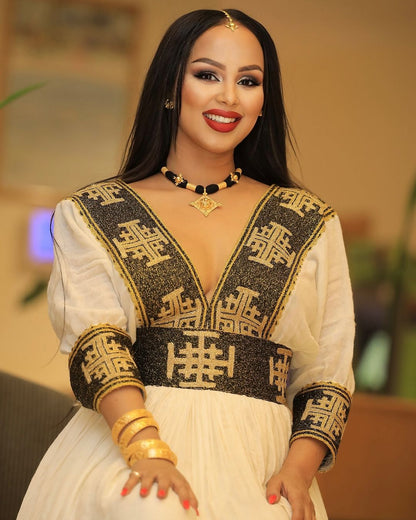 Golden and Black Beauty on Traditional Ethiopian Dress Closeup