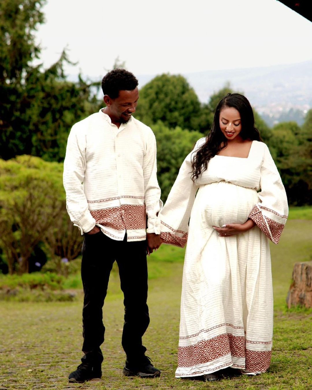 Timeless Elegance in Cream and Red Matching Habesha Attire