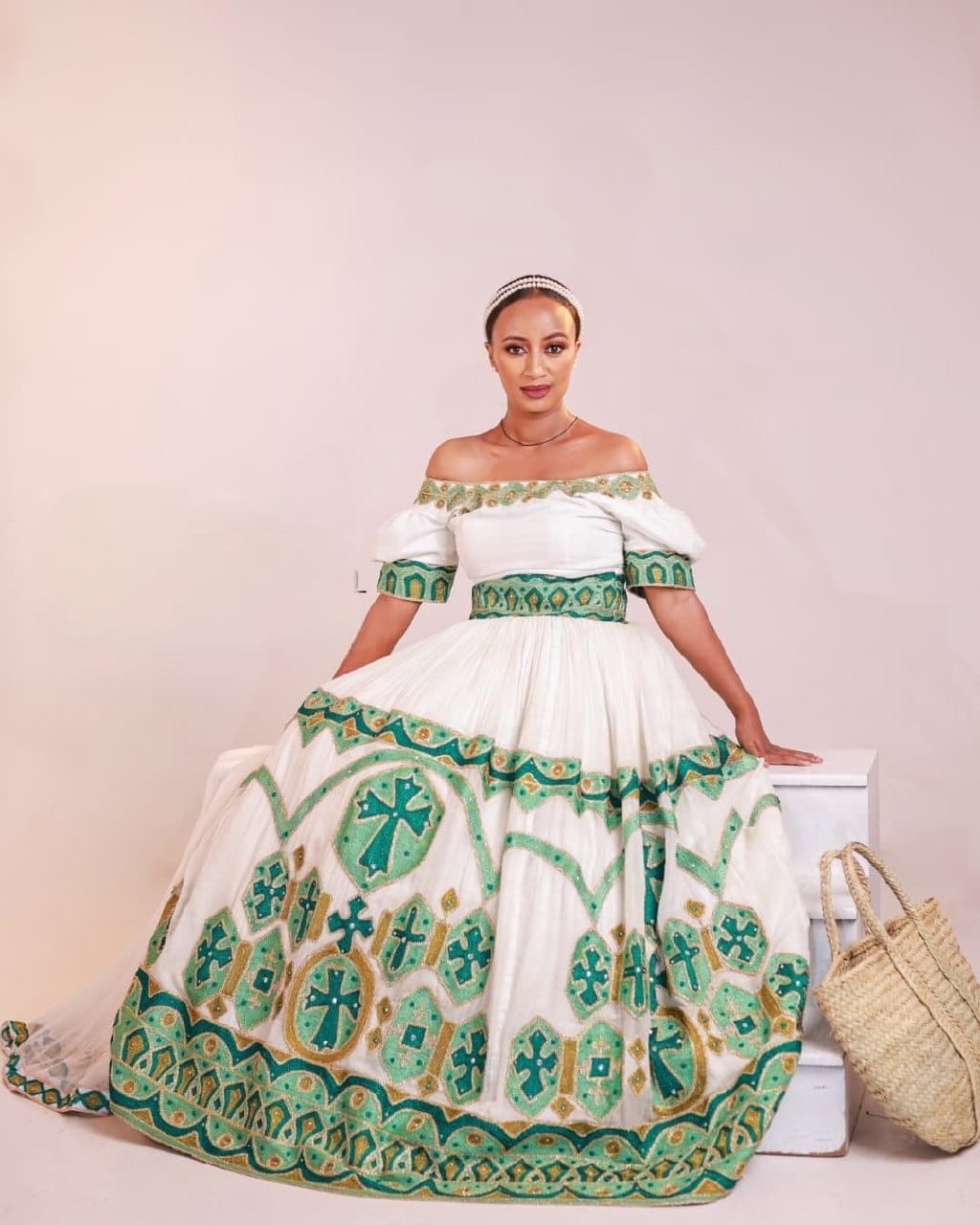 Glowing in Green Ethiopian Traditional Kemis Closeup