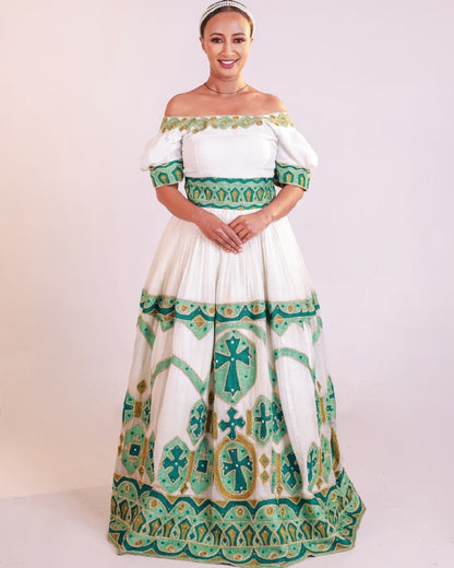 Glowing in Green Ethiopian Traditional Dress: Off Shoulder Modern Habesha Dress Elegant Ethiopian Wedding Dress