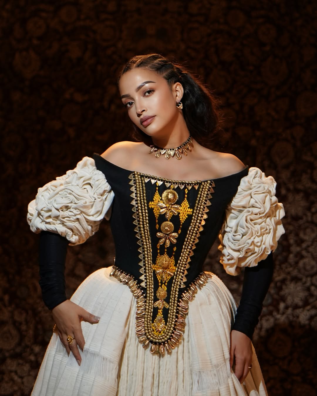Enchanting Black with Golden Habesha Dress Closeup