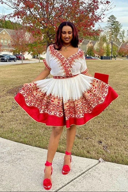 short ethiopian dress Short Modern Ethiopian Dress Habesha Dress with Beaded Details XL