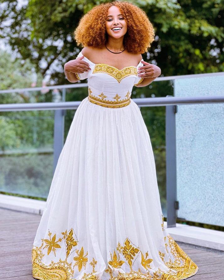 Elegant Habesha Dress for Women - Modern Ethiopian Attire with Gold & Silver Trim main image 1