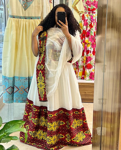 Red with Golden Traditional Ethiopian Dress: Captivating Cultural Embellishment Habesha Dress for Your Next Event Habesha Kemis