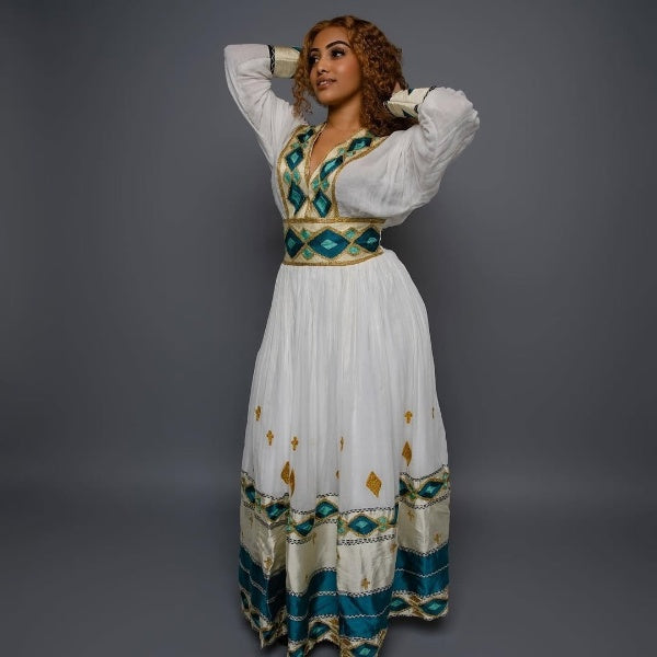 Green Based Multicolored Habesha Dress: Intricate Handmade Traditional Ethiopian Dress for Special Events Habesha Kemis