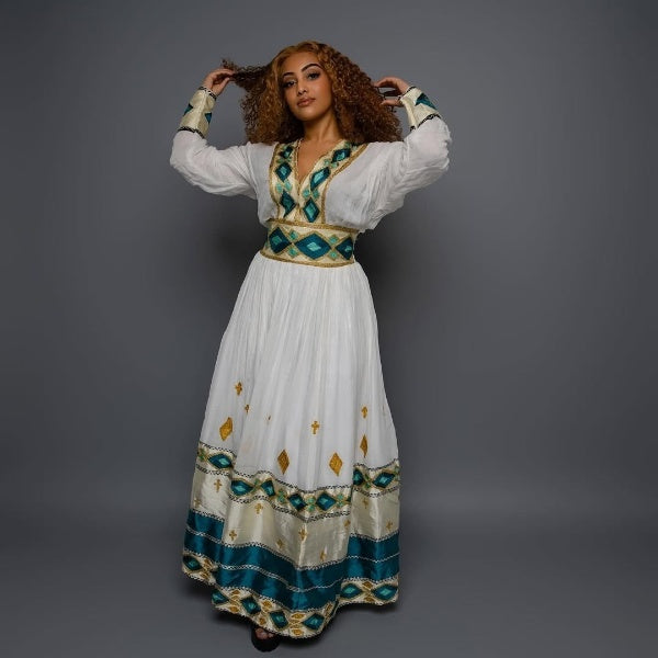 Green Based Multicolored Habesha Dress