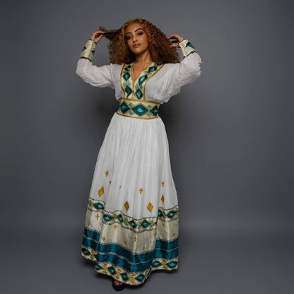 Green Based Multicolored Habesha Dress