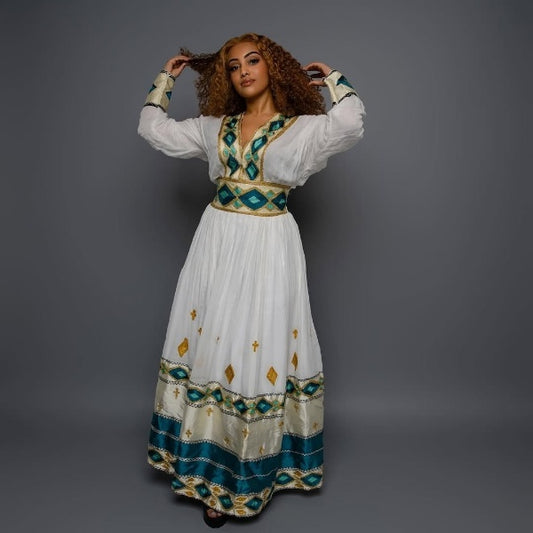 Green Based Multicolored Habesha Dress