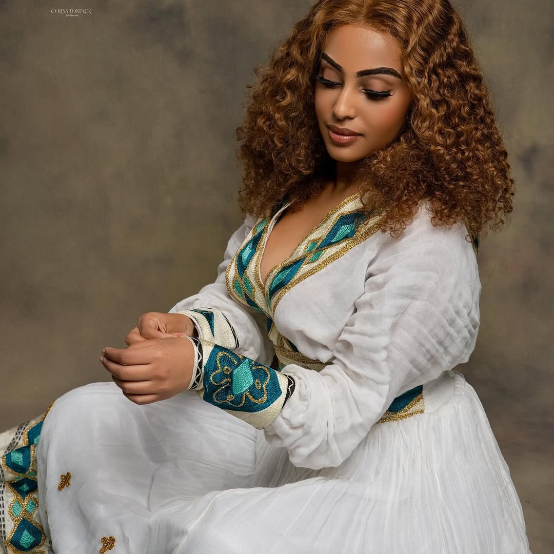 Green Based Multicolored Habesha Dress Closeup
