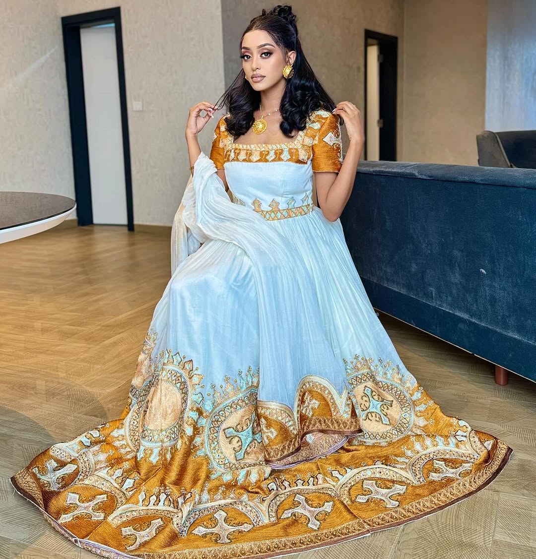 Elegant Green and Gold Ethiopian Traditional Dress – Cultural Habesha Style