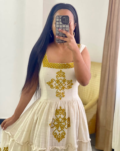 Flattering Yellow Traditional Ethiopian Dress: Handstitched Cross Embroidery on Habesha Dress Simple Habesha Kemis