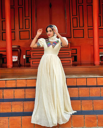 Stylish Creamy Traditional Ethiopian Dress: Handmade Collars and Sleeves Habesha Dress for Unforgettable Modern Look Habesha Kemis