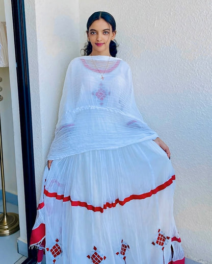 Flawless Red Traditional Ethiopian Dress: with Handcrafted Cross Embellishments Habesha Dress