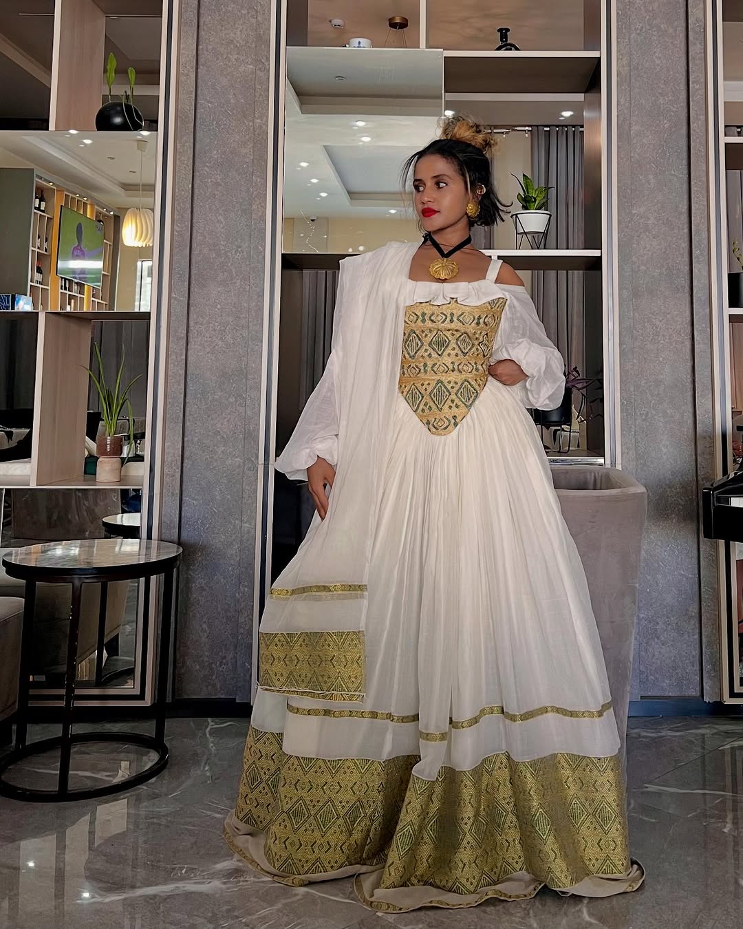 Vibrant Modern Traditional Ethiopian Dress: Off Shouldered Hand Embroidered Habesha Dress with Diamond Shaped Detailing Habesha Kemis