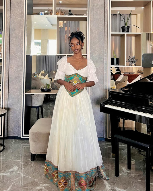 Hypnotic Green Habesha Dress: Shimmering Corseted Ethiopian Traditional Dress Beautiful New Designed Habesha Kemis