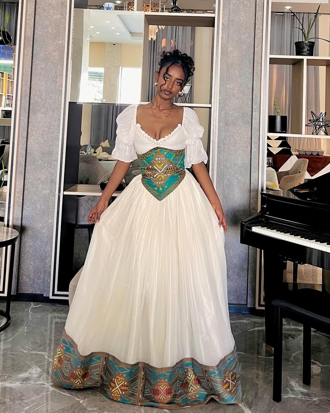 Pure Green Habesha Dress – Thin Tibeb Border & Matching Netela main image 1