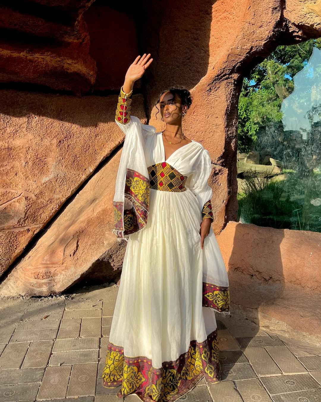 Regal White & Deep Red Traditional Ethiopian Dress with Gold Accents