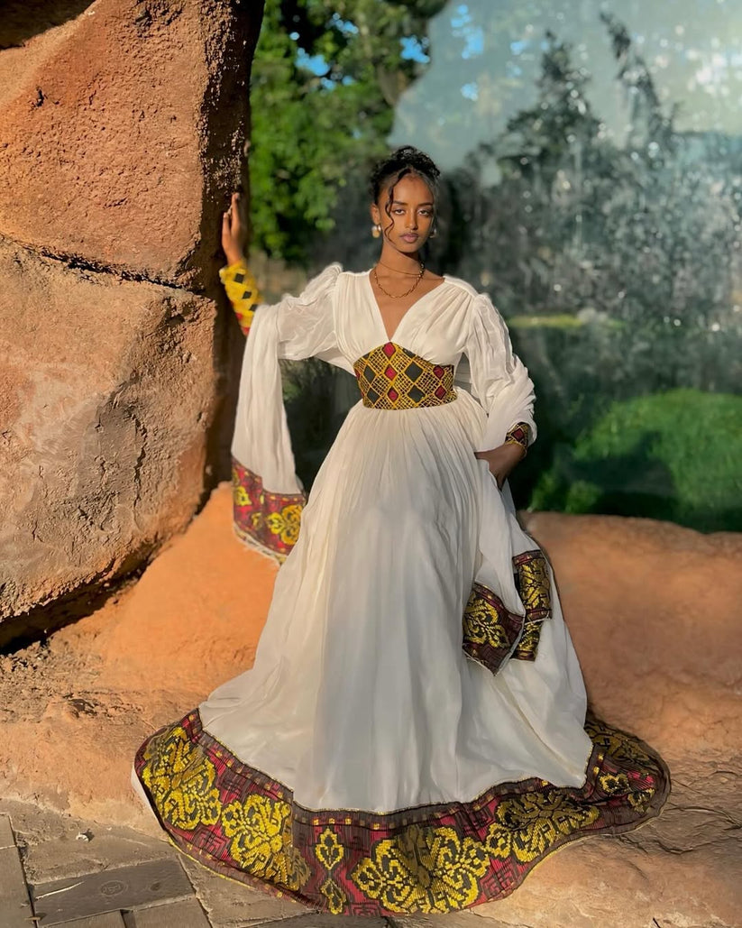 Ethiopian Dress - Cultural Dress with red tilef Embroidery for Celebrations