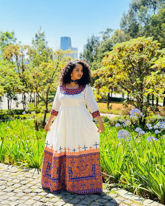 Splendid Cultural Habesha Dress: Colorful Cross Stitched Ethiopian Traditional Dress Elegant Ethiopian Wedding Dress