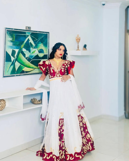 A Celestial Red Traditional Ethiopian Dress