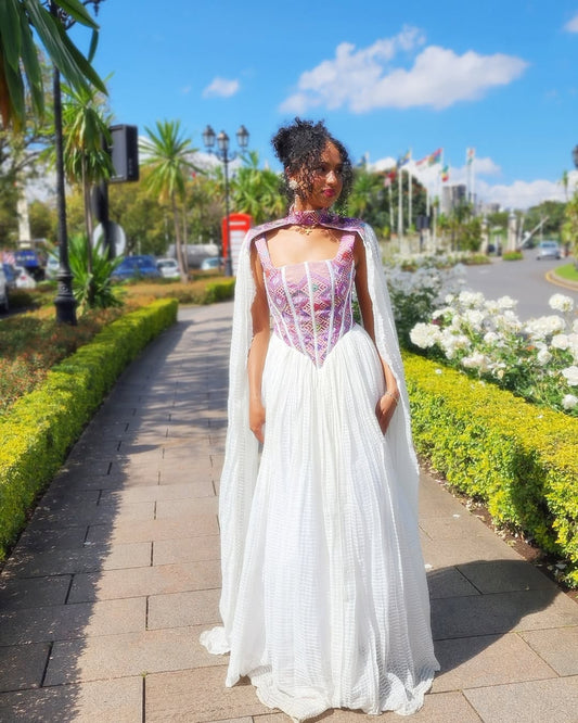 Dashing Flowy Sleeves Purple Traditional Ethiopian Dress