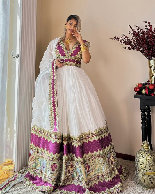 Fashionable Purple and Gray Traditional Ethiopian Dress