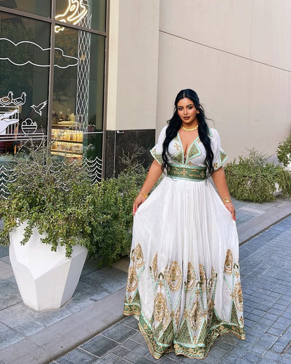 Stylish Multicolored Traditional Ethiopian Dress: Pretty Golden Detailing on Habesha Dress for Big Events Habesha Kemis