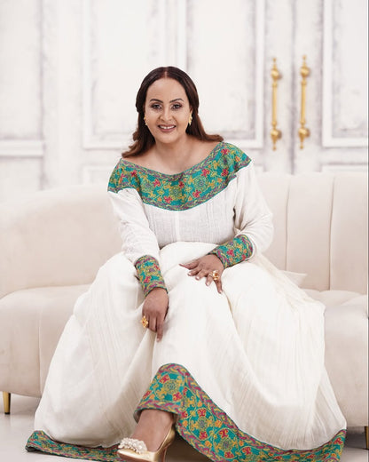 Dazzling Green Habesha Dress: Red Handmade Embellishments Traditional Ethiopian Dress Radiant Eritrean Dress