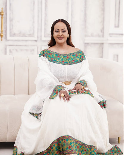 Dazzling Green Habesha Dress: Red Handmade Embellishments Traditional Ethiopian Dress Radiant Eritrean Dress
