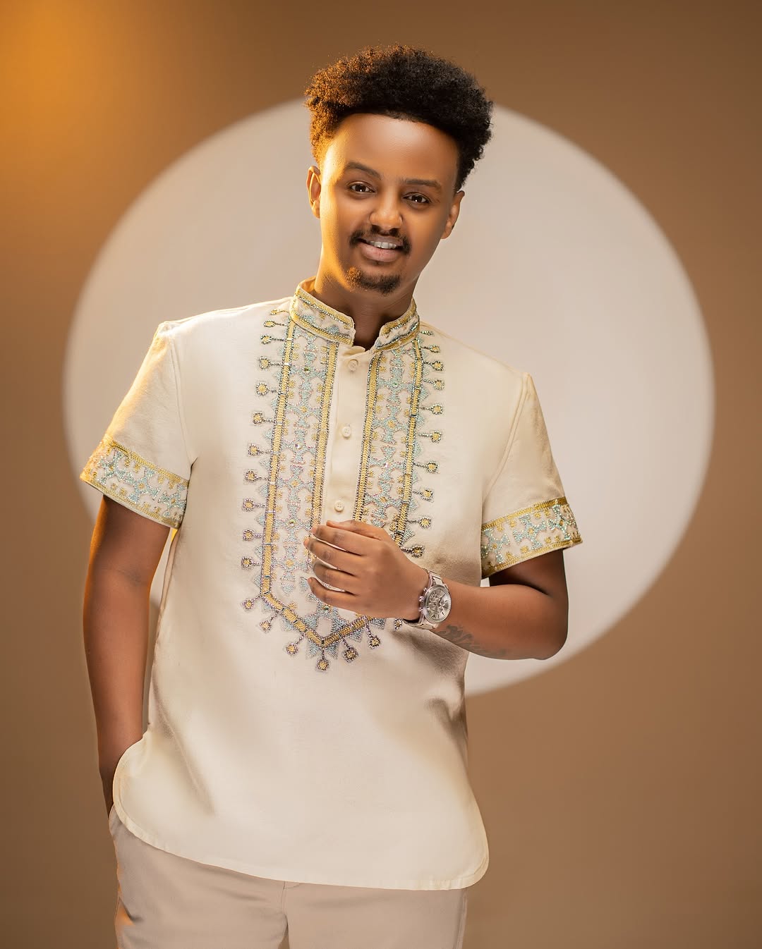 Fashionable Light Blue Habesha Shirt: with Eye Catching Yellow Detailing Traditional Ethiopian Shirt for Men