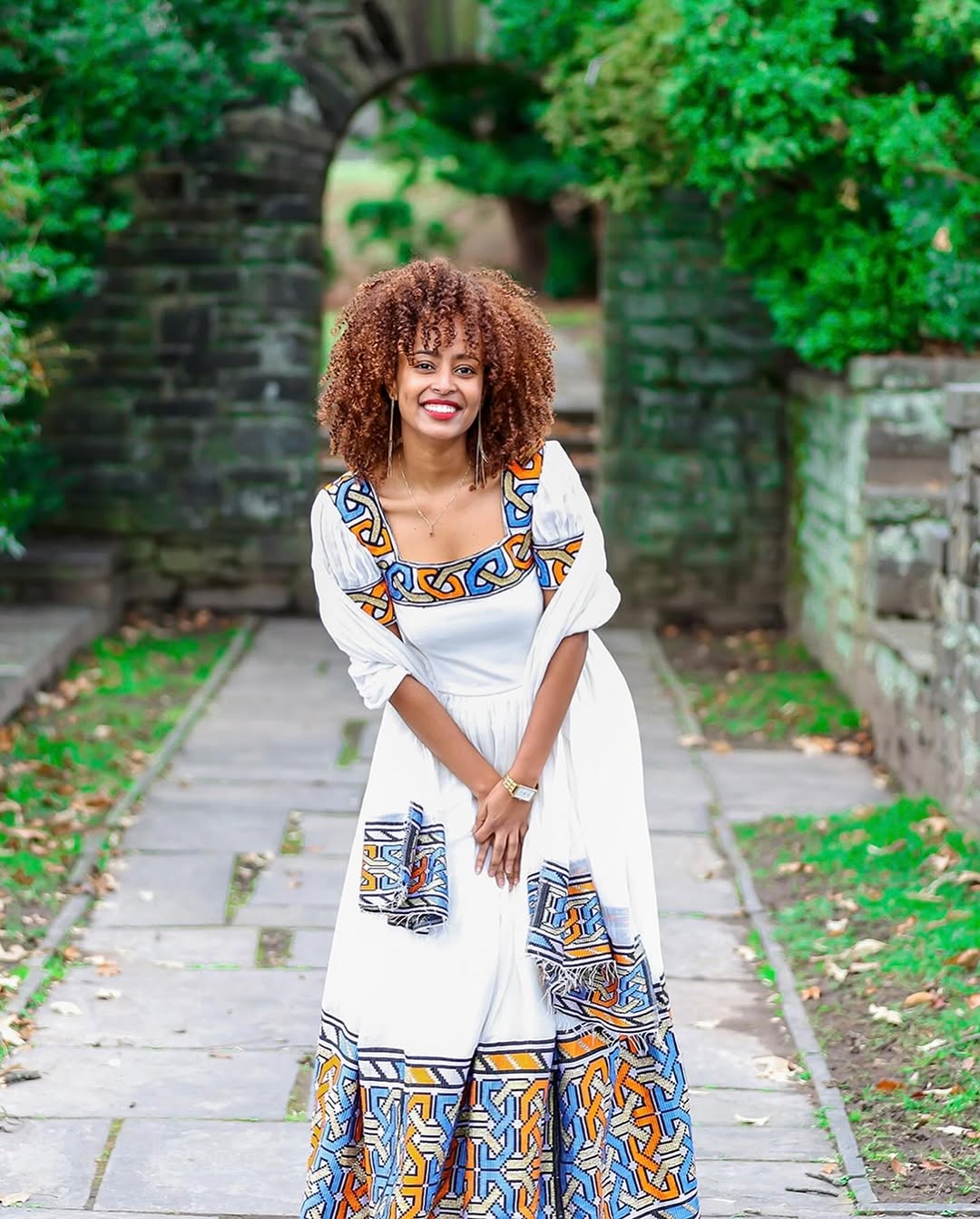 Classic Design on Multicolored Ethiopian Dress: Geometrical Traditional Embroidery Habesha Dress Exceptional Beauty with Eritrean Dress