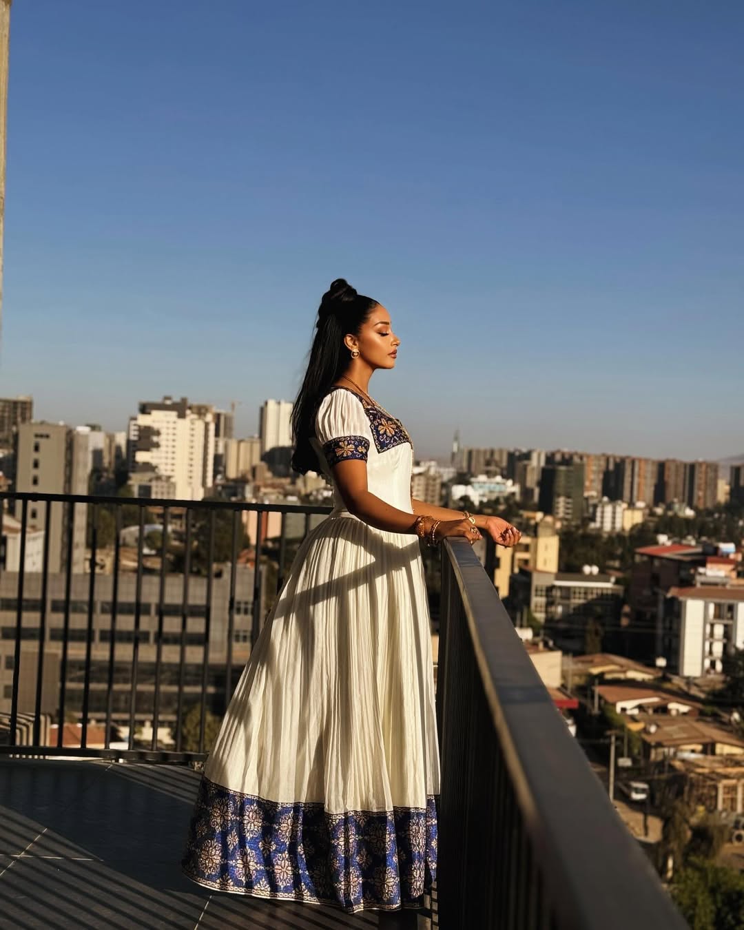Charming Dark Blue Habesha Dress: with Golden Geometric Embellishments Traditional Ethiopian Dress Pretty Eritrean Dress