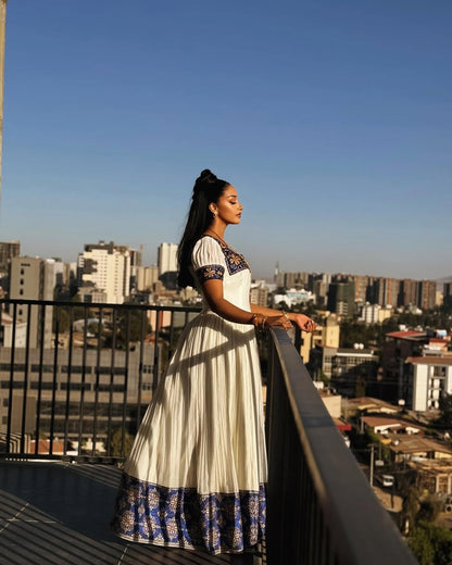 Charming Dark Blue Habesha Dress: with Golden Geometric Embellishments Traditional Ethiopian Dress Pretty Eritrean Dress