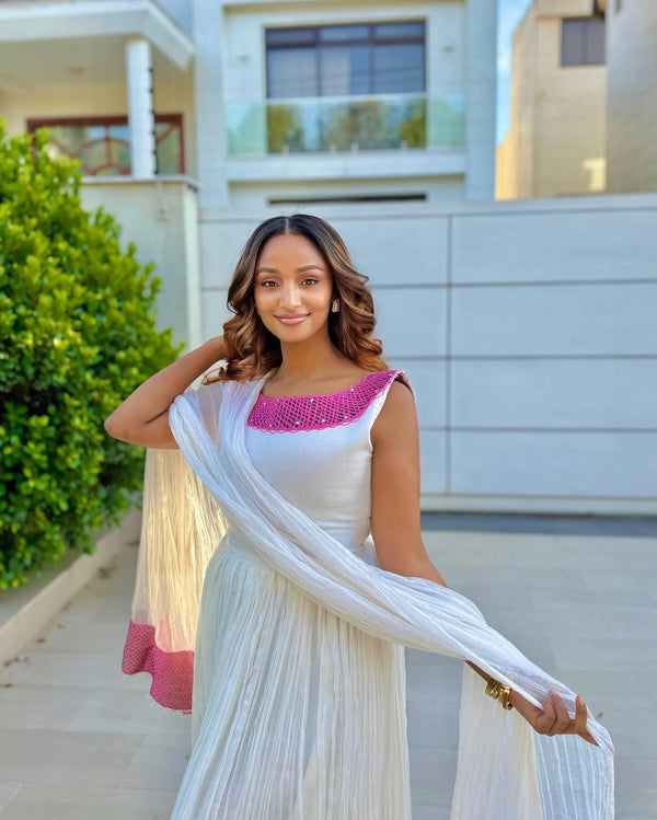 Chic Classic Habesha Dress - Modern Ethiopian Attire with Orange & Pink Embroidery main image 1