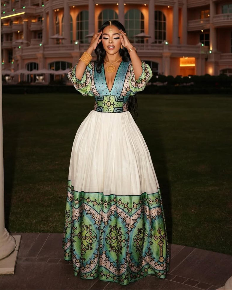 Chic Blue and Green Habesha Wedding Dress