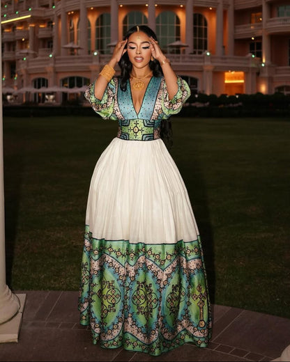 Chic Blue and Green Habesha Wedding Dress