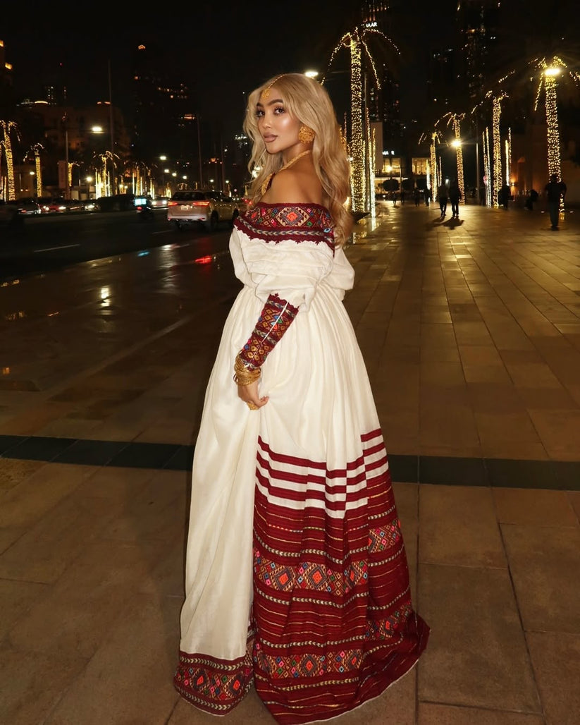 Bold White & Red Ethiopian Dress with Modern Flare