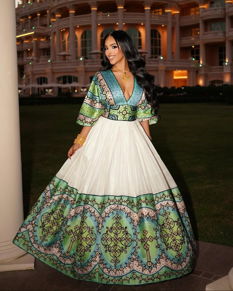 Chic Blue and Green Habesha Wedding Dress: Modern Take on Traditional Ethiopian Wedding Gown Beautiful Habesha Dress