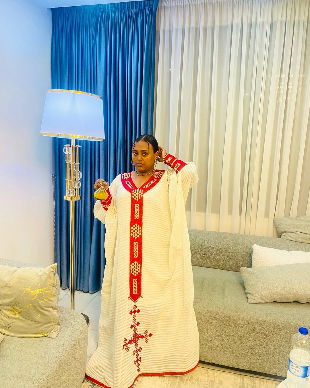 Timeless Cultural Red Ethiopian Dress: Golden Cross Embroidery on Traditional Cloth for Churches and Cultural Events Eritrean Dress