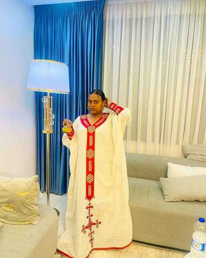 Timeless Cultural Red Ethiopian Dress: Golden Cross Embroidery on Traditional Cloth for Churches and Cultural Events Eritrean Dress