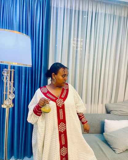 Timeless Cultural Red Ethiopian Dress: Golden Cross Embroidery on Traditional Cloth for Churches and Cultural Events Eritrean Dress