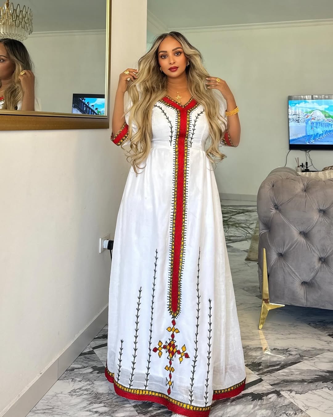 Beautiful Burgundy Ethiopian Dress: with Yellow and Black Embroidery Traditional Dress Graceful Ethiopian Clothing
