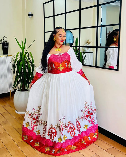 Classic Off Shouldered Pink and Red Habesha Dress
