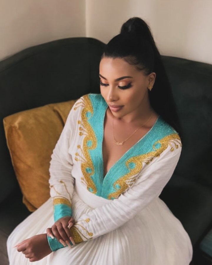 Amusing Traditional Design on Green Ethiopian Dress Closeup