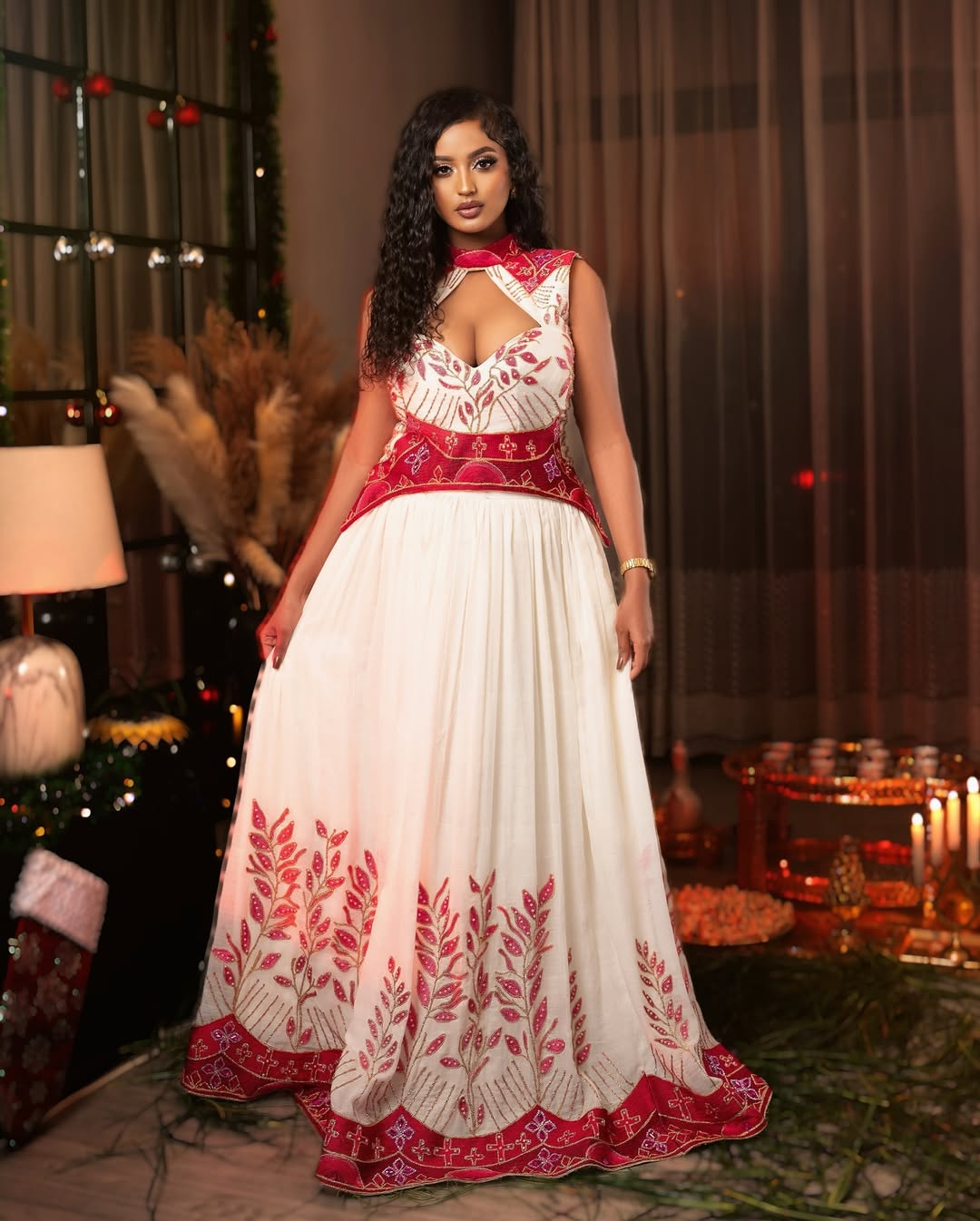 Red Habesha Kemis Elegant Classic Design Handcrafted Accents