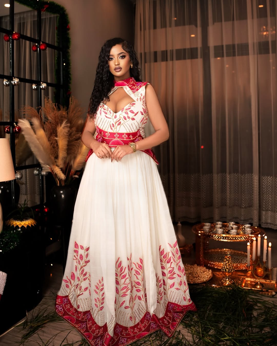 Red Habesha Kemis Elegant Classic Design Handcrafted Accents