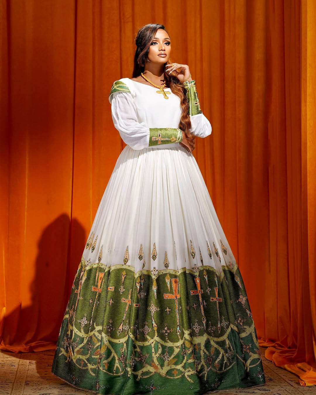 Elegant Green Ethiopian Bridal Habesha Kemis with Wide Embroidery and Detailed Design