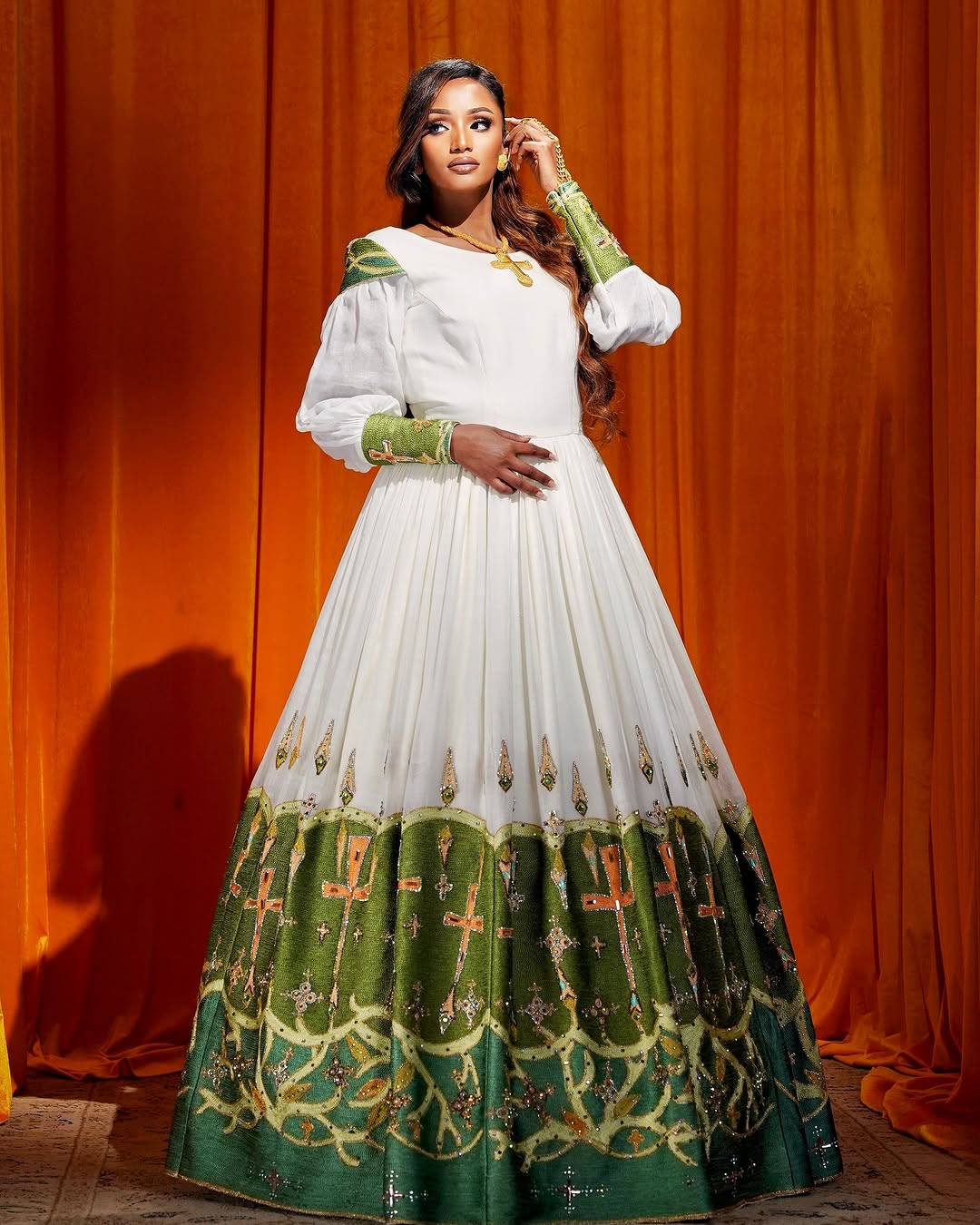 Elegant Green Ethiopian Bridal Habesha Kemis with Wide Embroidery and Detailed Design